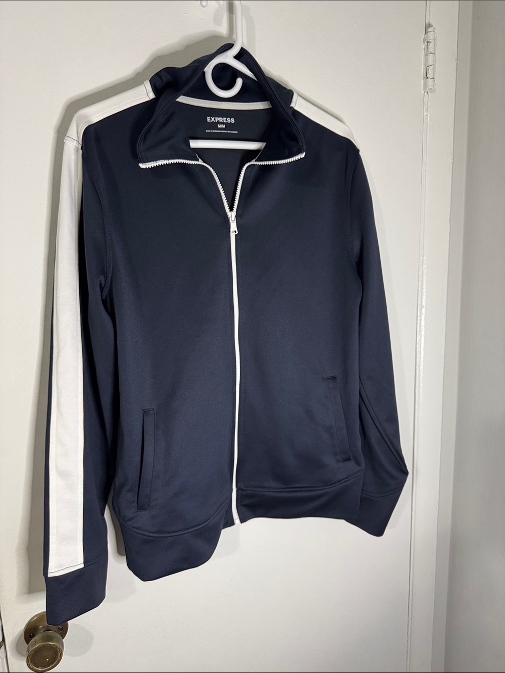 Express Men’s Medium Navy Blue Zip Track Jacket with White Stripes